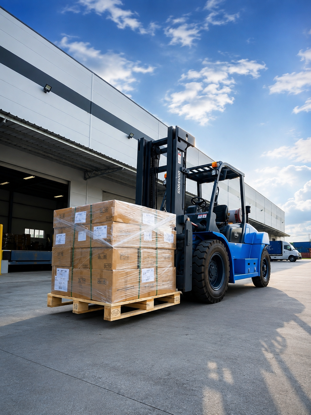 Soosung forklift handling a wrapped pallet at a warehouse loading dock in Qatar, supplied by Dazee Trading QFZ LLC